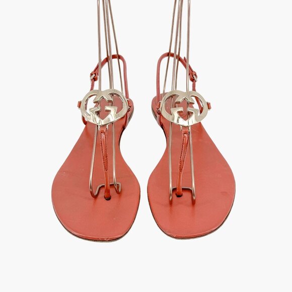 Gucci Interlocking GG Heart T-Strap Flat Sandals EU 37 US 7 Coral Pink Leather - Picture 2 of 12